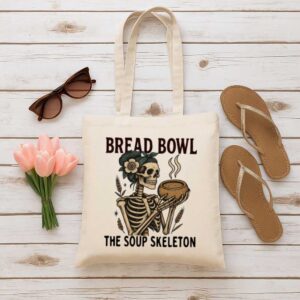 Bread Bowl Soup Skeleton Tote Bag – Spooky Foodie Canvas Carry-All