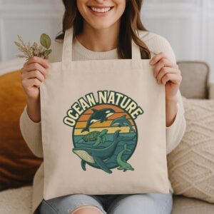 Ocean Nature Tote Bag – Vintage Sea Life Eco Shopper with Marine Animals